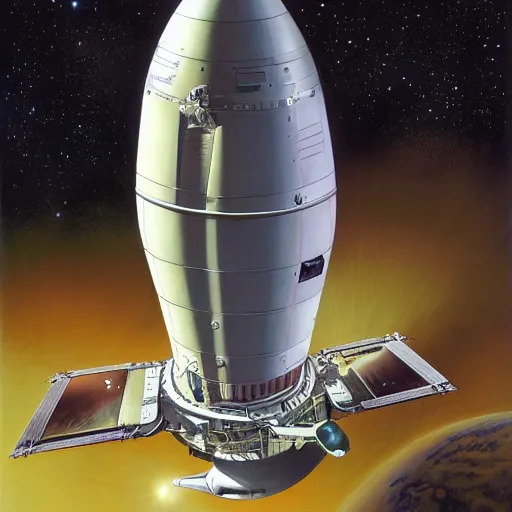 Prompt: detailed spacecraft by peter elson