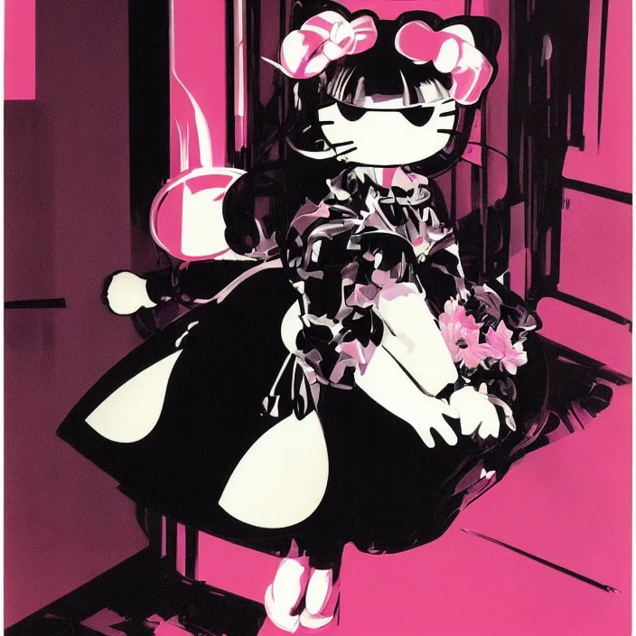 Prompt: soft portrait of a gothic maiden, hello kitty, sharp focus, futuristic, emo, aerodynamic, feminine, cute, by syd mead