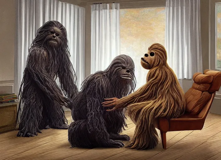 Image similar to wookiee is comfy at home trading crypto. the charts are at all time highs, gains, green charts, painting by grant wood and frank frazetta, 3 d rendering by beeple, wlop