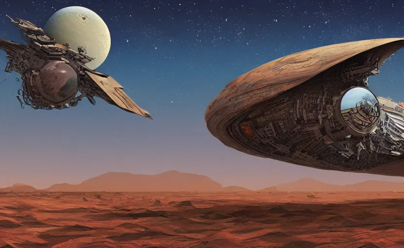Prompt: very detailed, simon roy, illustration of a giant crashed space ship on a desert planet, wide shot