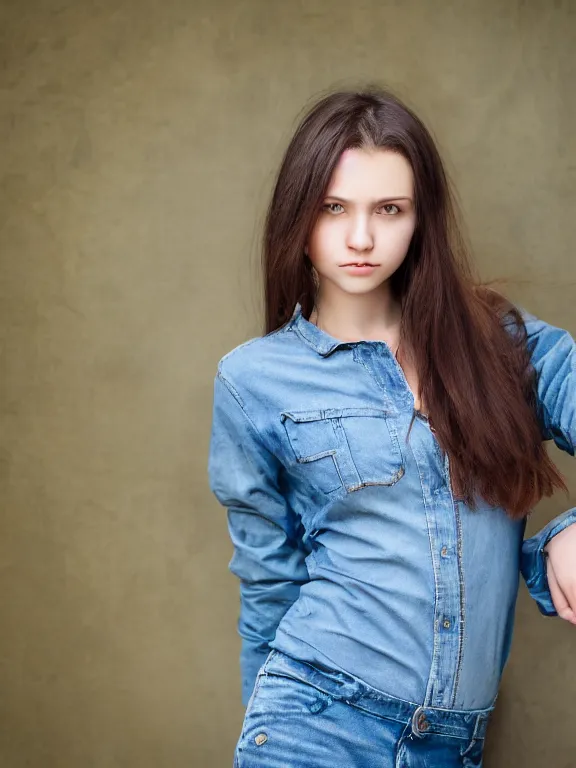 Image similar to hyperdetailed photo of a beautiful ukrainian girl with brown eyes and dark bob hairstyle, winds of winter, with plain jeans and t - shirt