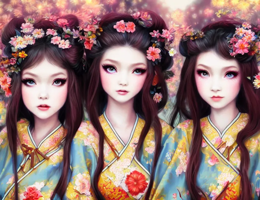 Image similar to two beautiful fashion siberian girls wear fantasy kimono in festival | | big eyes, sunny, dreamlike art, realistic shaded, smile, good looking, hyper details, 4 k realistic, cryengine, realistic shaded lighting poster by artgerm, ross tran, fuji choko, loish, 8 k resolution, trending on artstation, luxury