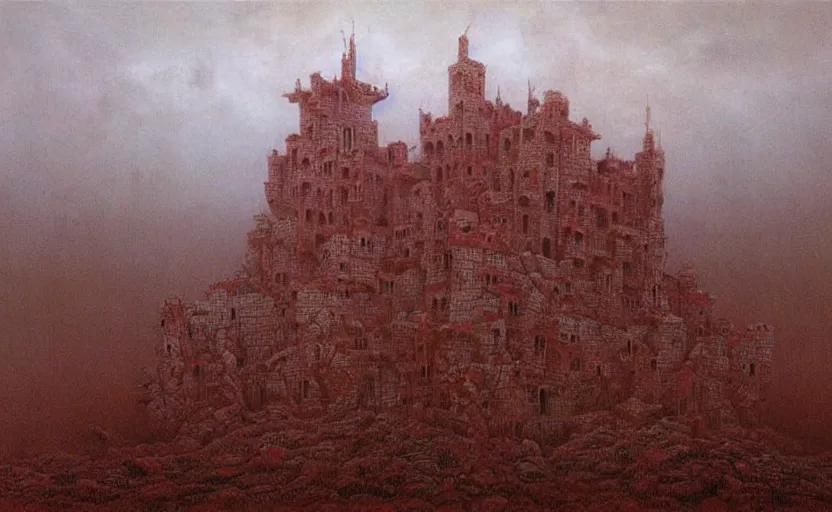 Image similar to menacing castle in hell dominates the landscape by beksinski