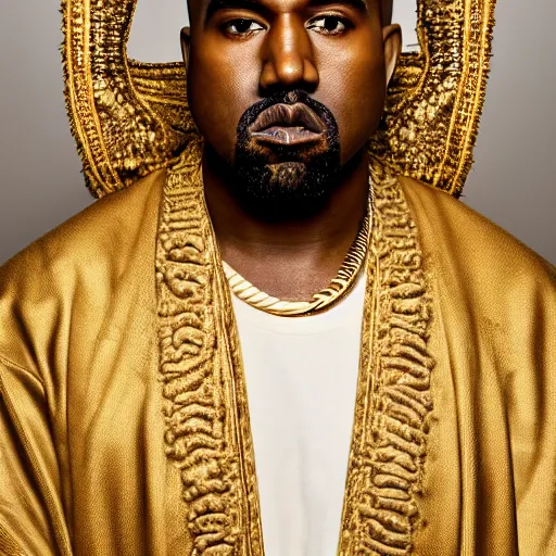 Image similar to the face of kanye west wearing a royal robe and crown at 4 2 years old, portrait by julia cameron, chiaroscuro lighting, shallow depth of field, 8 0 mm, f 1. 8