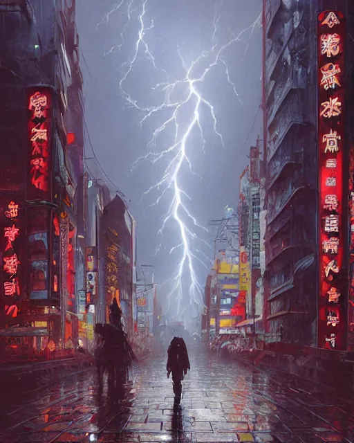 Image similar to a highly detailed epic cinematic concept art CG render digital painting artwork: Tokyo in lightning storm . By Greg Rutkowski, in the style of Francis Bacon and Syd Mead and Norman Rockwell and Beksinski, open ceiling, highly detailed, painted by Francis Bacon and Edward Hopper, painted by James Gilleard, surrealism, airbrush, Ilya Kuvshinov, WLOP, Stanley Artgerm, very coherent, triadic color scheme, art by Takato Yamamoto and James Jean