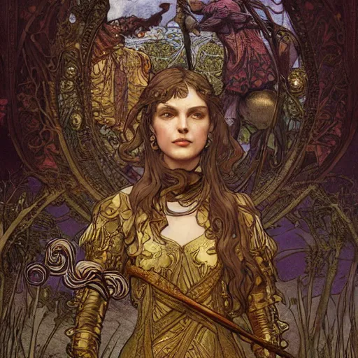 Image similar to a detailed tarot card of disco elysium video game, intricate, elegant, highly detailed, 4 k, digital painting, artstation, concept art, sharp focus, volumetric lighting, octrane render, art by rebecca guay and by arthur rackham and by alphonse mucha and by john william waterhouse