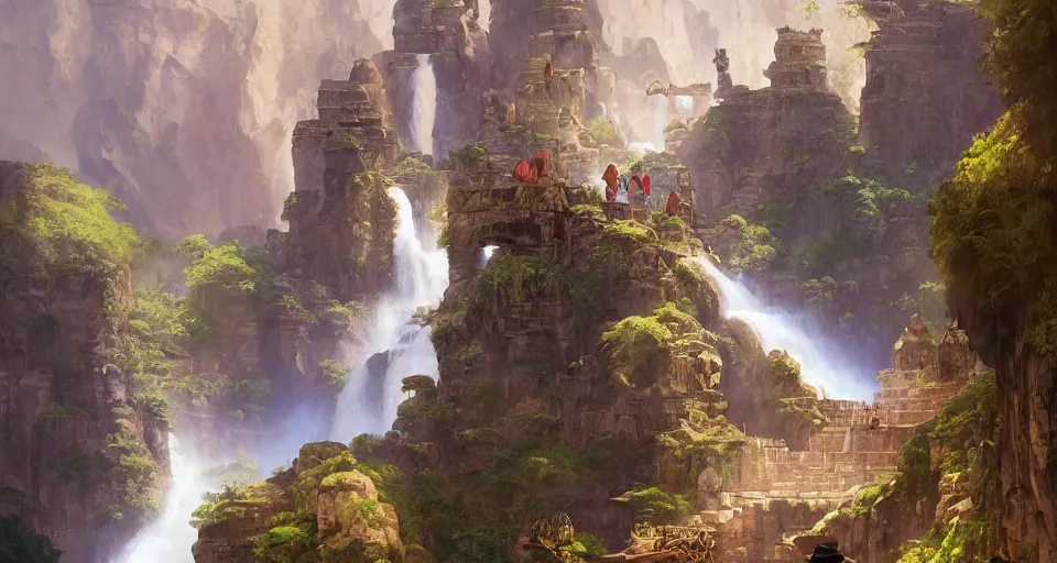 Image similar to A beautiful digital painting aztek temple, waterfall, lovely valley by Stanley Artgerm Lau, frank frazetta, Rossdraws, James Jean, gerald brom, Andrei Riabovitchev, Marc Simonetti, and Sakimichan, trending on artstation