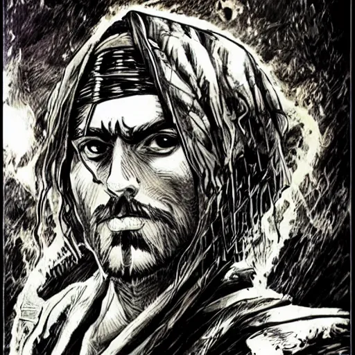 Image similar to pen and ink!!!! attractive 22 year old deus ex Frank Zappa x Jared Leto golden Vagabond!!!! magic swordsman!!!! glides through a beautiful battlefield magic the gathering dramatic esoteric!!!!!! pen and ink!!!!! illustrated in high detail!!!!!!!! by Hiroya Oku!!!!!!!!! Written by Wes Anderson graphic novel published on shonen jump MTG!!! 2049 award winning!!!! full body portrait!!!!! action exposition manga panel