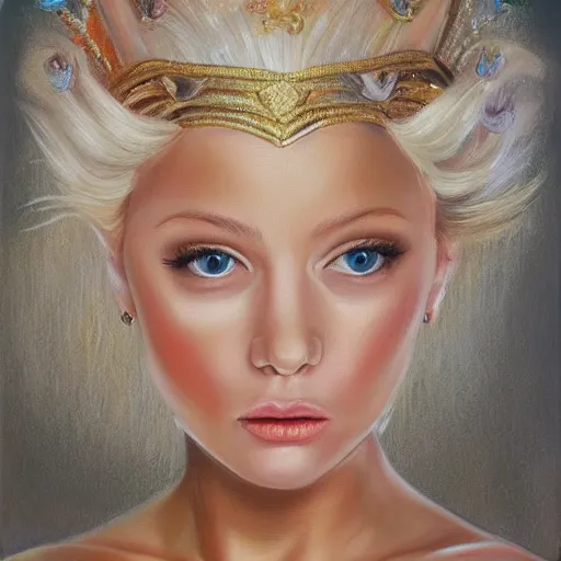 Prompt: beautiful fairy blonde queen, hyperrealism oil painting
