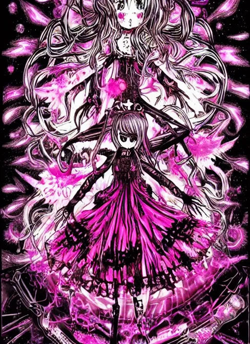 Prompt: spiked bloodmoon goregrind sigil stars draincore, baroque bedazzled gothic royalty frames surrounding a hellfire hexed witchcore aesthetic, dark vhs broken hearts, neon glyphs spiked pixelsort fairy kei decora doll by guro manga artist Shintaro Kago