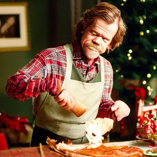 Prompt: William H Macy carving a turkey with a knife during Christmas