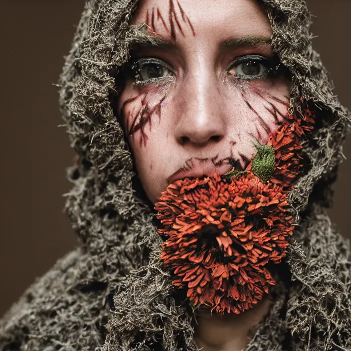 Image similar to closeup portrait of a woman wearing a hooded cloak made of zinnias and barbed wire, in a derelict house, by Terry Richardson, natural light, detailed face, CANON Eos C300, ƒ1.8, 35mm, 8K, medium-format print