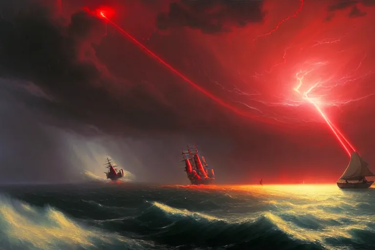 Image similar to A beautiful matte painting of huge spherical alien spaceship attacking with powerful red lasers a Sailship in ocean in thunderstorm by Greg Rutkowski and Ivan aivazovsky