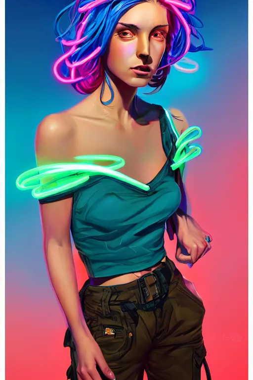 Image similar to a award winning half body portrait of a beautiful woman with stunning eyes in a off shoulder croptop and cargo pants with rainbow colored hair, outlined by whirling illuminated neon lines and fine lines swirling in circles by jesper ejsing and rhads and makoto and shinkai and lois van baarle, digital art, trending on artstation