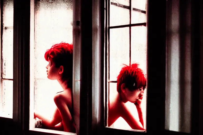 Image similar to punk girl wearing white and red looking outside the window in her bedroom during night time, elegant, highly detailed, 8 k, photorealistic, photography, real picture, heavy grain, neon lighting, hdr, photographed by steve mccurry, annie leibovitz, henri cartier - bresson, robert capa, andreas gursky