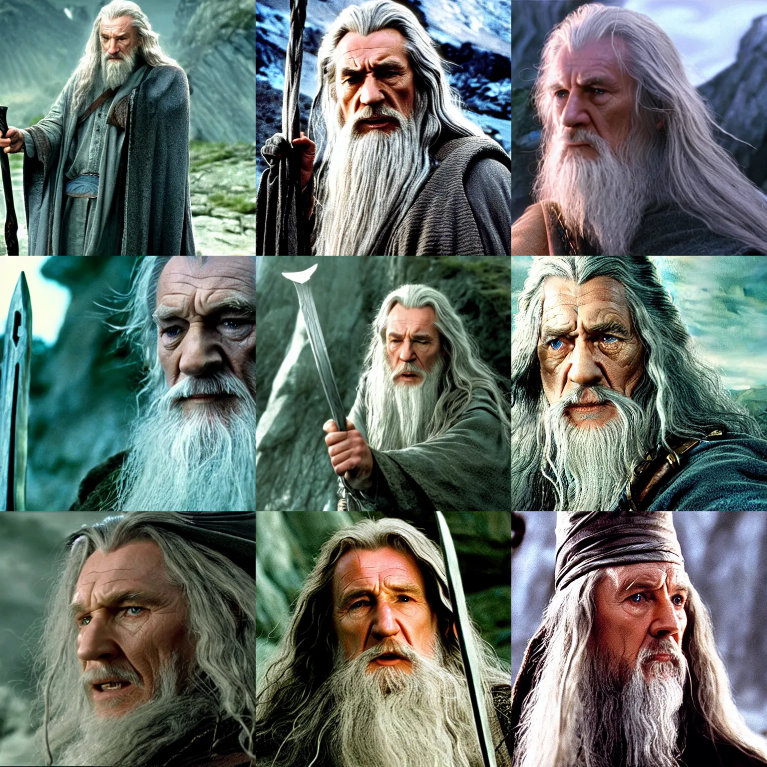 Prompt: film still of liam neeson as gandalf in lord of the rings ( 2 0 0 1 )