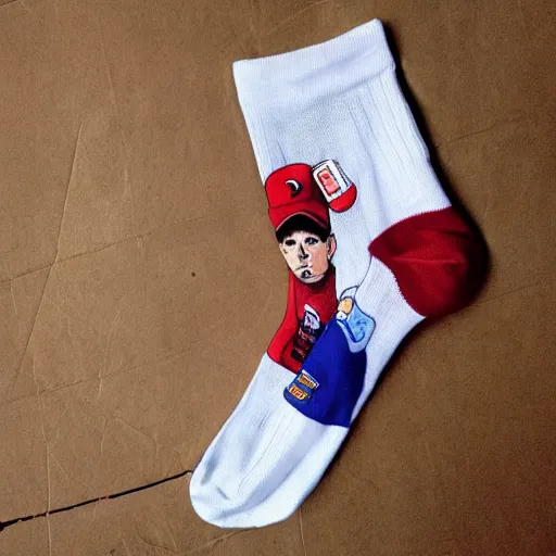 Prompt: Eminem, on a pair of socks