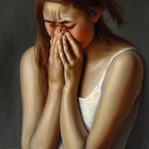 Image similar to a young woman crying, expressionist, high quality, 4k, oil on canvas by Elias Tykeson, very detailed, masterpiece, award-winning