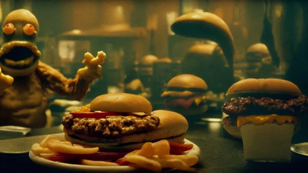 Image similar to the cheeseburger creature at the fast food restaurant, film still from the movie directed by denis villeneuve and david cronenberg with art direction by salvador dali and zdzisław beksinski, wide lens