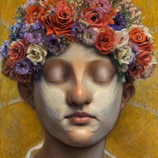 Image similar to masterpiece painting of a facemask made of flowers, by annie swynnerton and jean delville and tino rodriguez and diego rivera, stylized, flower mask, symbolist, dramatic lighting, god rays, elaborate geometric ornament, clean crisp graphics, soft cool colors, smooth sharp focus, extremely detailed