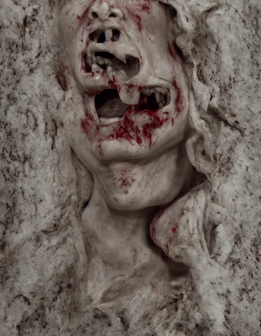 Image similar to woman marble statue, horror, bloody face, long teeth, trailcam