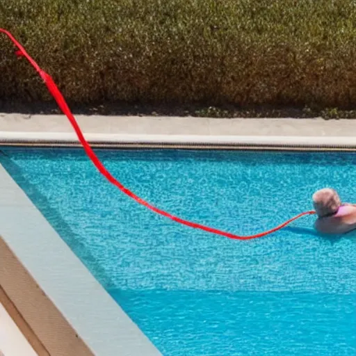 Prompt: donald trump sunbathing in string, swimming pool in background