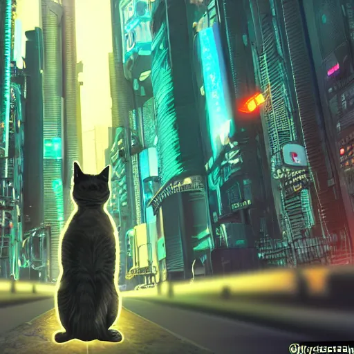 Image similar to cyberpunk cat sits in the city at twilight