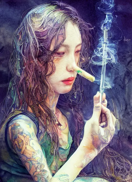 Image similar to portrait, beautiful Stoner hippy girl, sitting down, smoking a magical bong, watercolor, dramatic lighting, cinematic, establishing shot, extremely high detail, foto realistic, cinematic lighting, pen and ink, intricate line drawings, by Yoshitaka Amano, Ruan Jia, Kentaro Miura, Artgerm, post processed, concept art, artstation, matte painting, style by eddie mendoza, raphael lacoste, alex ross