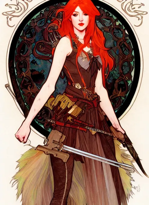 Prompt: full portrait of katherine mcnamara as a hunter, fairy motif, red hair, pale skin, pelt armor, extremely detailed, digital illustration, by rossdraws, alphonse mucha, frank fanzzeta, collectible card art