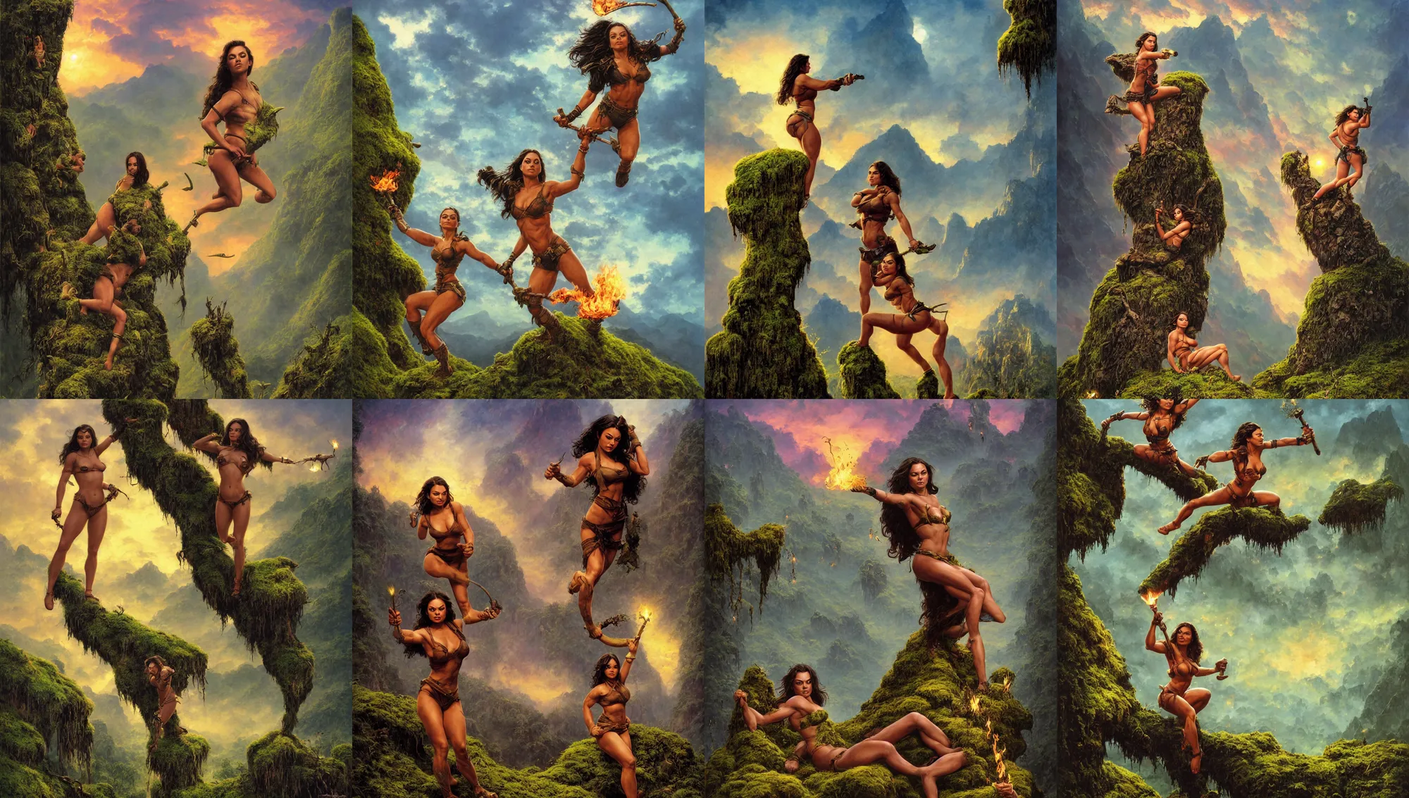 Prompt: single mila kunis as muscled amazon posing on a large mossy rock, beautiful epic vista, flowing hills, sundown golden hour, fireflies, torches in ground, eerie sky, frank frazetta, alex horley, ralph horsley, michael whelan