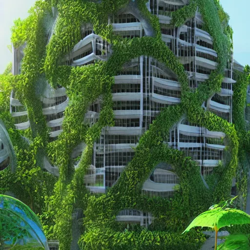 Image similar to bioclimatic biomimicry architecture with greens, realistic, artstation.