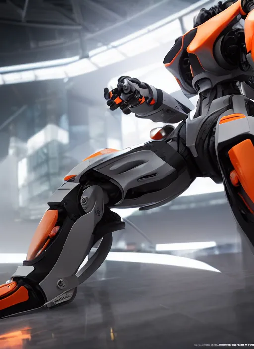 Image similar to a Photorealistic dramatic hyperrealistic full frame render of a Sleek futuristic exosuit Freedom Formula Racing Mech,Ultra realistic details,glossy white metal,Orange racing stripes,weathered surfaces,by Hidetaka Tenjin,Yoh Yoshinori,Yoji Shinkawa,Masamune Shirow,Beautiful dramatic dark moody tones and lighting,cinematic atmosphere,studio lighting,shadows,dark background, Octane render,8K