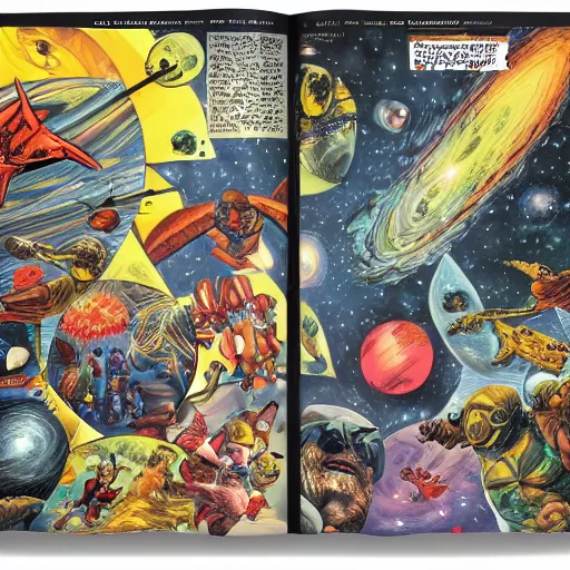 Prompt: an outside view of the universe, comic book double page, hd, highly detailed art