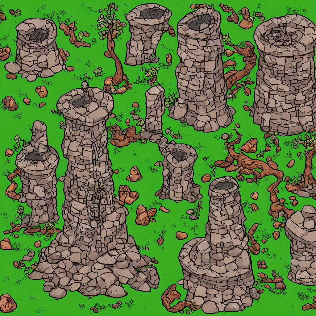 Prompt: ground, tree, rock and wizard tower, on a game tileset, lineart