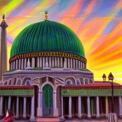 Image similar to beautiful hyper realistic synagogue in a sunny city, large green dome, impressionist style, sunset, dramatic lighting