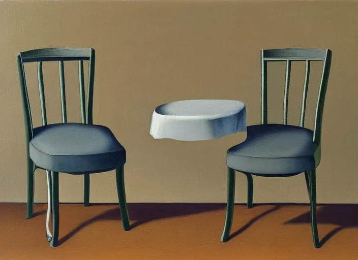 Prompt: 5 0 % white canvas and 5 0 % of a painting by rene magritte showing two chairs having a conversation about apples and oranges. elegant, highly detailed, artstation, smooth, sharp focus