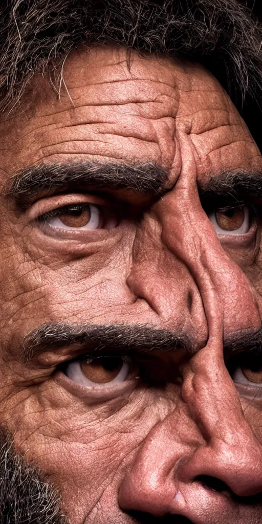 Image similar to Photo portrait Joe Rogan as a wax neanderthal cave man exaggerated brow wrapped in the national science museum background dramatic lighting 85mm lens by Steve McCurry