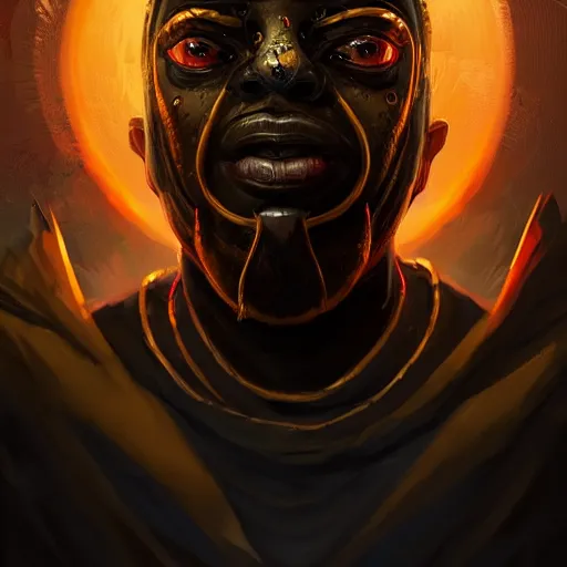 Image similar to a dark and ominous african moor with glowing eyes and a golden crown with a ruby, Apex Legends character digital illustration portrait design, by android jones and greg rutkowski in a cyberpunk voodoo style, detailed, cinematic lighting, wide angle action dynamic portrait