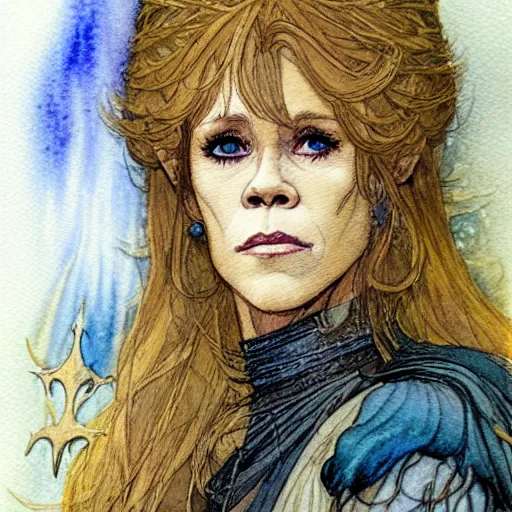 Image similar to a realistic and atmospheric watercolour fantasy character concept art portrait of jane fonda in her 2 0 s as a druidic warrior wizard looking at the camera with an intelligent gaze by rebecca guay, michael kaluta, charles vess and jean moebius giraud