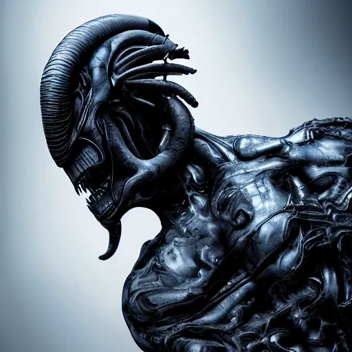 Image similar to engineer prometheus, xenomorph alien, highly detailed, symmetrical long head, smooth marble surfaces, detailed ink illustration, raiden metal gear, cinematic smooth stone, deep aesthetic, concept art, post process, 4k, carved marble texture and silk cloth, latex skin, highly ornate intricate details, prometheus, evil, moody lighting, hr geiger, hayao miyazaki, indsutrial Steampunk