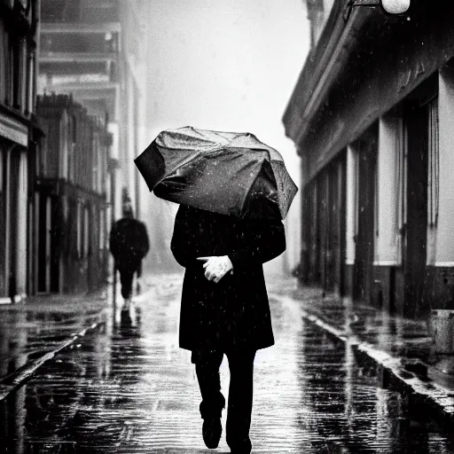 Image similar to A dramatic portrait of a man wearing yellow rain coat , holding red umbrella , walking in a black and white street . Cinematic lighting