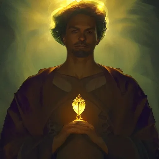 Image similar to bioluminescence portrait of a male wizard of the sun, D&D, fantasy, elegant, pale, highly dvetailed, digital painting, artstation, concept art, smooth, sharp focus, illustration, art by artgerm and greg rutkowski and alphonse mucha