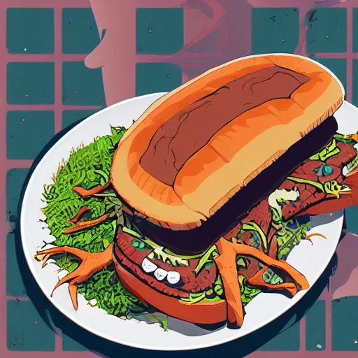 Image similar to shocked cat running away from the giant carnivorous sandwich, artstation hq, dark phantasy, stylized, symmetry, modeled lighting, detailed, expressive, created by hayao miyazaki