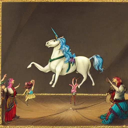 Image similar to a unicorn performing in the circus, fantasy illustration