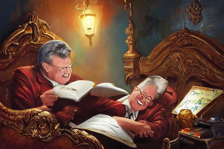 Image similar to portrait of rod roddy reading a bedtime story to bob barker in bed, an oil painting by ross tran and thomas kincade