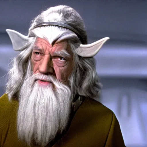 Prompt: A still of Gandalf as Captain Kirk on Star Trek, sharp focus, high quality, 4k