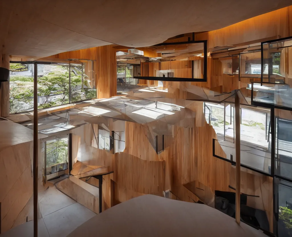 Prompt: real estate photo of the interior of a futuristic japanese house, dramatic lighting, black and orange colour palette, wide angle shot