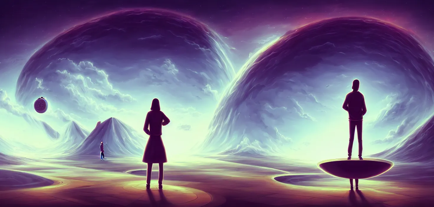 Image similar to a person standing in front of a large circular object, an album cover by cyril rolando, deviantart, magic realism, photoillustration, apocalypse art, matte drawing