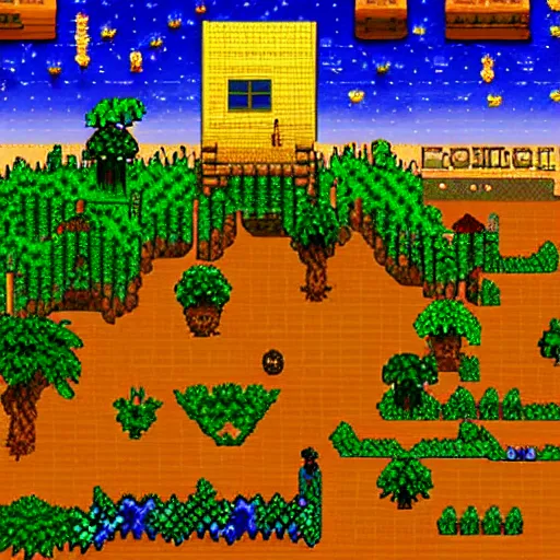 Image similar to screenshot of pixel art landscape, night sky reflected in the water, stardew valley