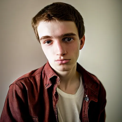 Image similar to Portrait of a sad looking teenage boy, around 20 yo, natural brown hair and smooth pale skin. Award winning photograph.